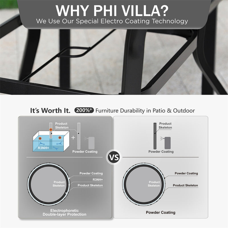 PHI VILLA 5-Piece Outdoor Dining Set 4 Swivel Steel Chairs and Square Table