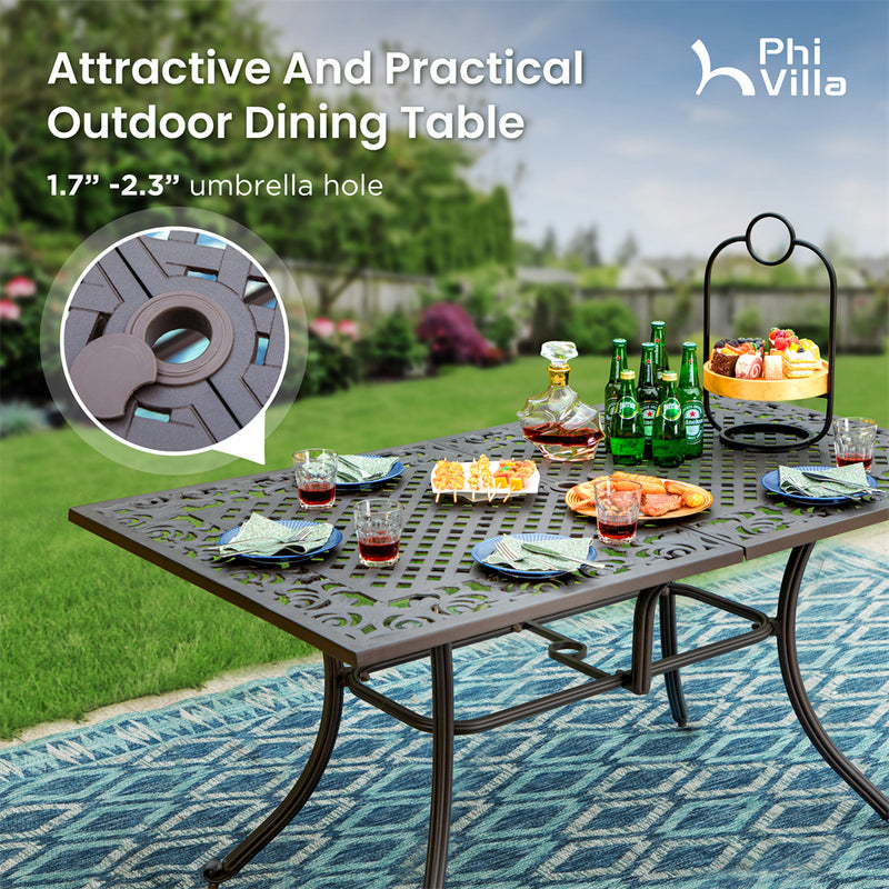 PHI VILLA 7 Piece Cast Aluminum Outdoor Dining Set with Swivel Chair & Dining Table