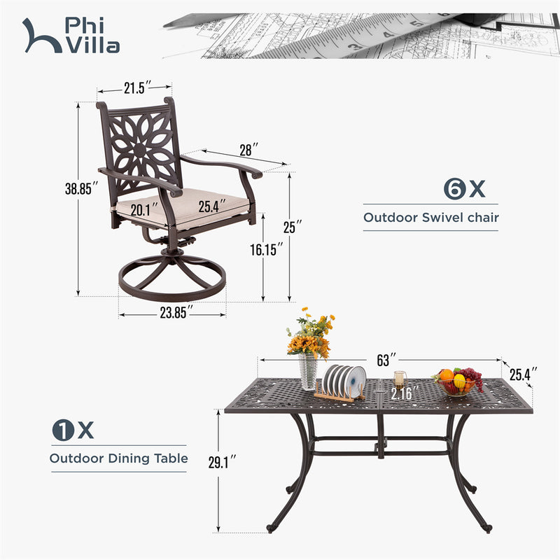 PHI VILLA 7 Piece Cast Aluminum Outdoor Dining Set with Swivel Chair & Dining Table