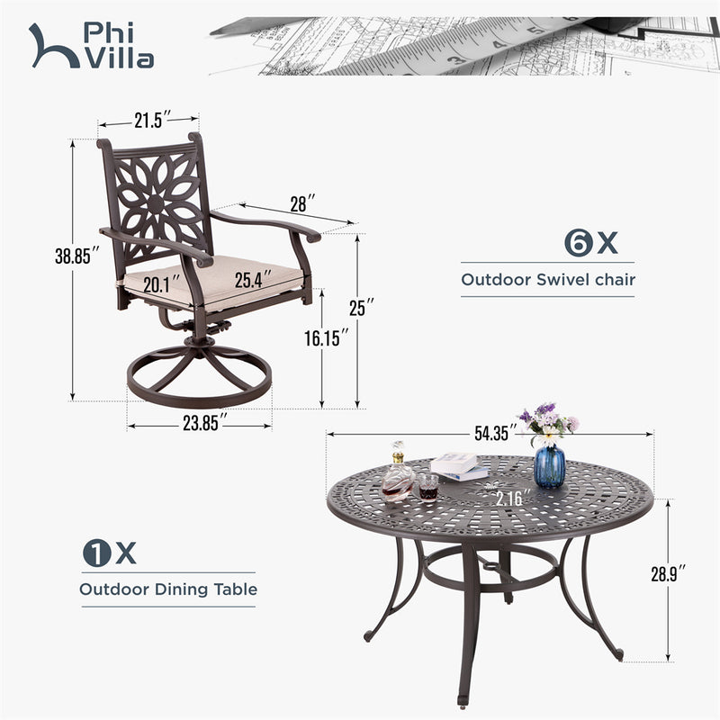 PHI VILLA 7 Piece Cast Aluminum Outdoor Dining Set with Swivel Chair & Dining Table