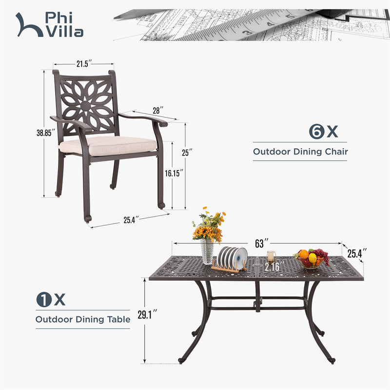 PHI VILLA 7 Piece Cast Aluminum Patio Dining Set with Fixed Chair & Dining Table