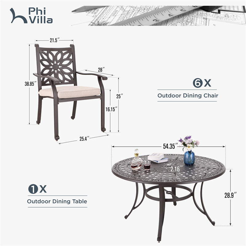 PHI VILLA 7 Piece Cast Aluminum Patio Dining Set with Fixed Chair & Dining Table