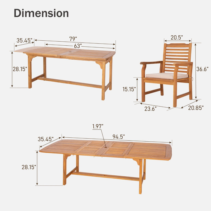 Phi Villa 7/9 Pieces Acacia Wood Outdoor Dining Set Wih Expandable Table for Garden