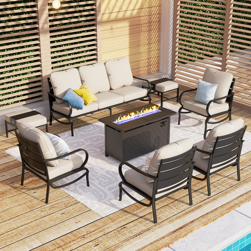 PHI VILLA 9-Seat Patio Steel Conversation Sofa Sets With Leather Grain Fire Pit Table