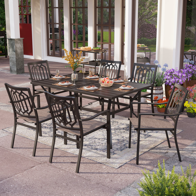 PHI VILLA 7-Piece Patio Dining Set With Steel Rectangle Table & 6 Steel Seat Dining Chairs