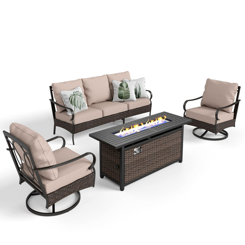 Phi Villa Outdoor Steel & Rattan Sofa Set With Rectangle Fire Pit Table