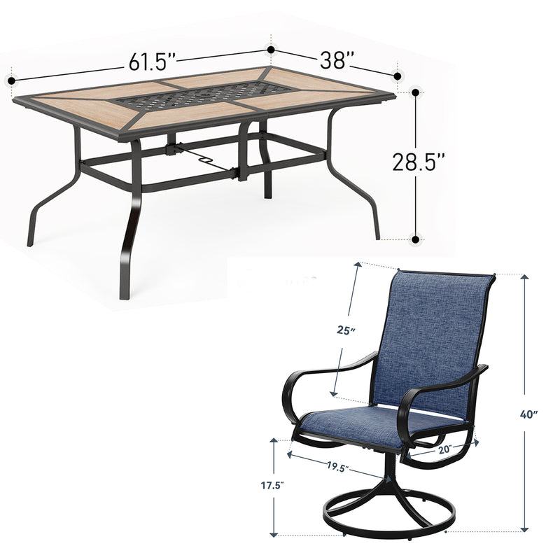 7-Piece Patio Dining Set Patch Wood-grain Table and Textilene Swivel Chairs Phi Villa