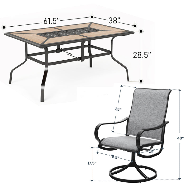 7-Piece Patio Dining Set Patch Wood-grain Table and Textilene Swivel Chairs Phi Villa