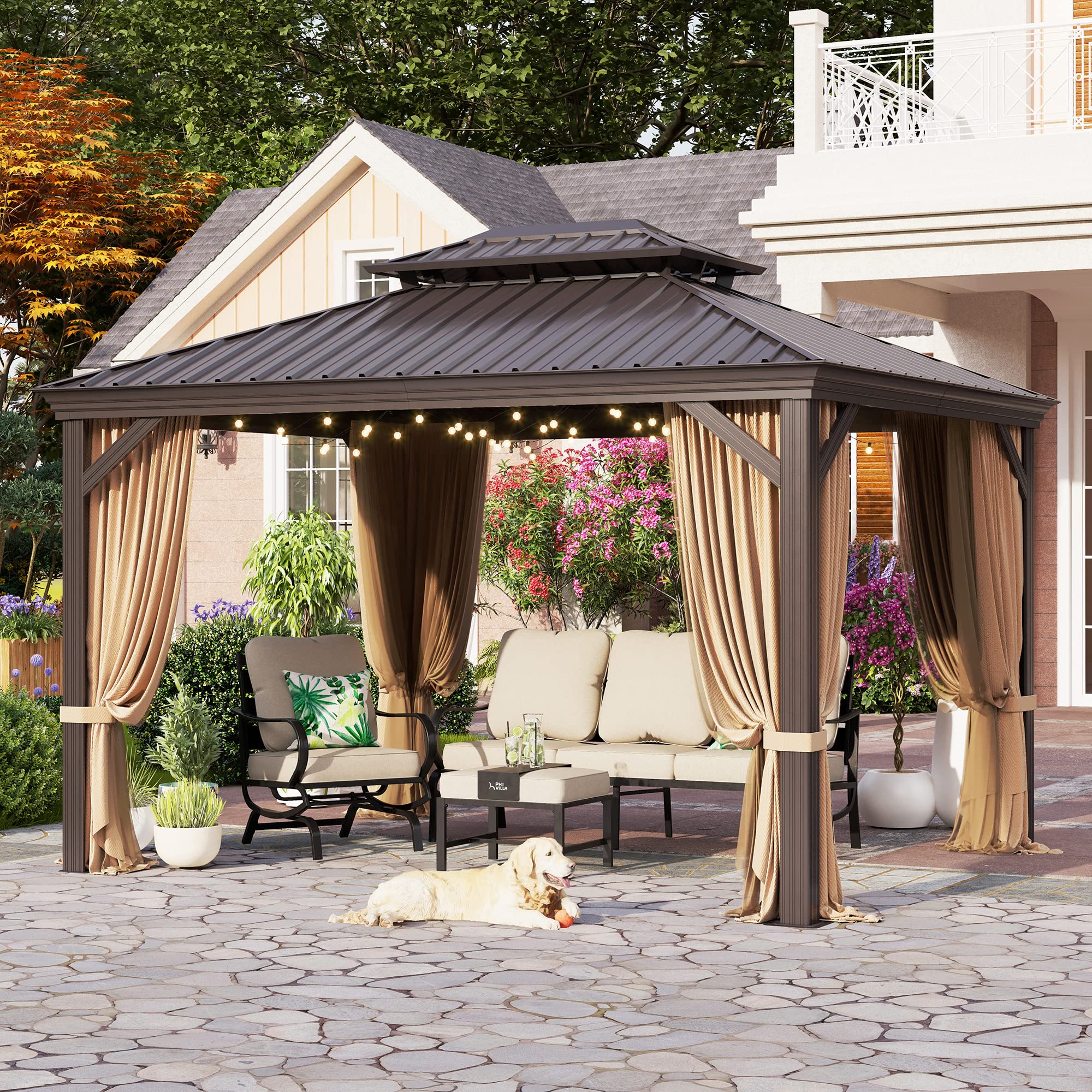 PHI VILLA 10' X 12' Outdoor Hardtop Gazebo Double Roof Canopy with Cur