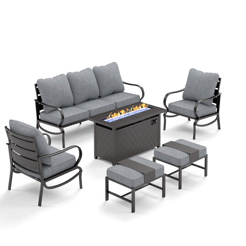 Phi Villa 7-Seater Patio Steel Conversation Sofa Sets With Leather Grain Fire Pit Table