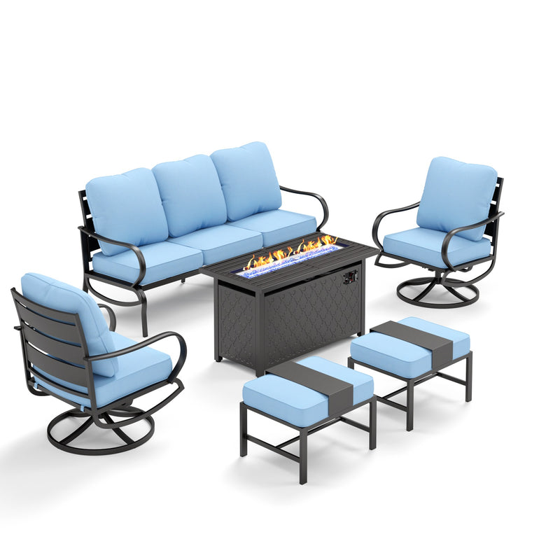 Phi Villa 7-Seater Patio Steel Conversation Sofa Sets With Leather Grain Fire Pit Table