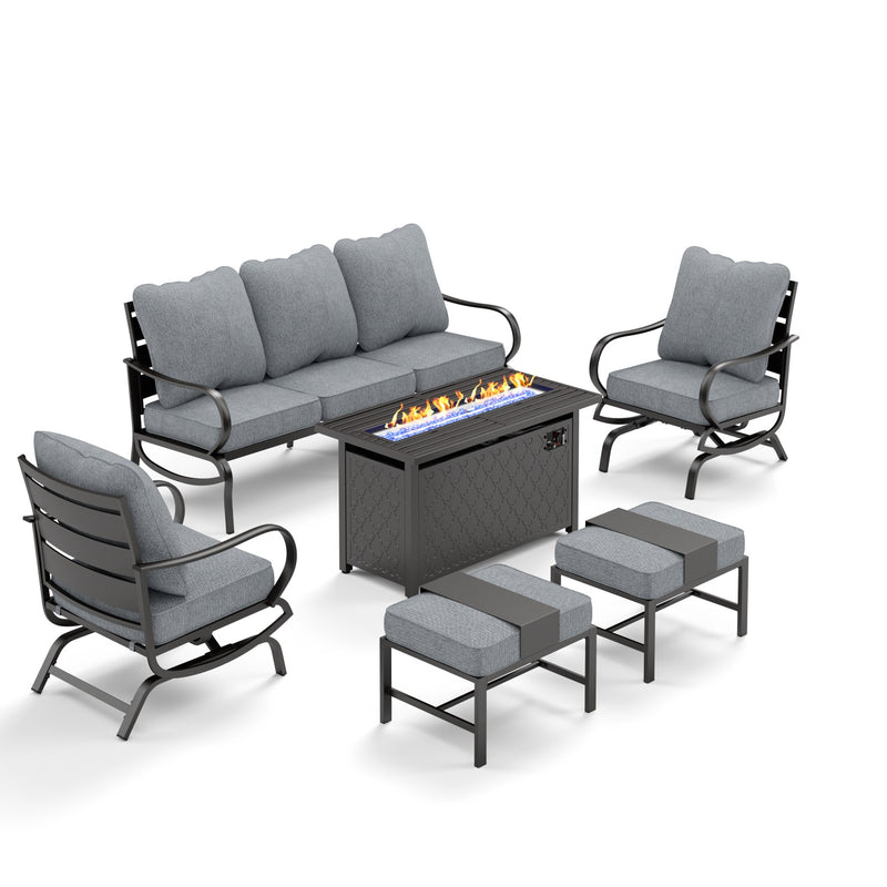 Phi Villa 7-Seater Patio Steel Conversation Sofa Sets With Leather Grain Fire Pit Table