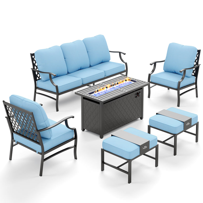 Phi Villa 7-Seater Patio Steel Conversation Sofa Set With Rectangle Fire Pit Table