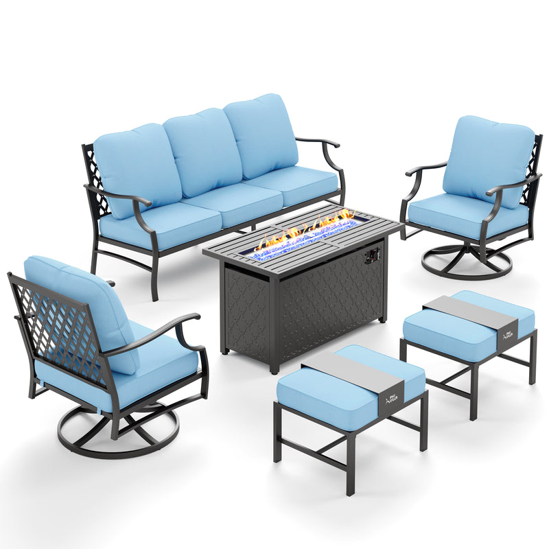 Phi Villa 7-Seater Patio Steel Conversation Sofa Set With Rectangle Fire Pit Table