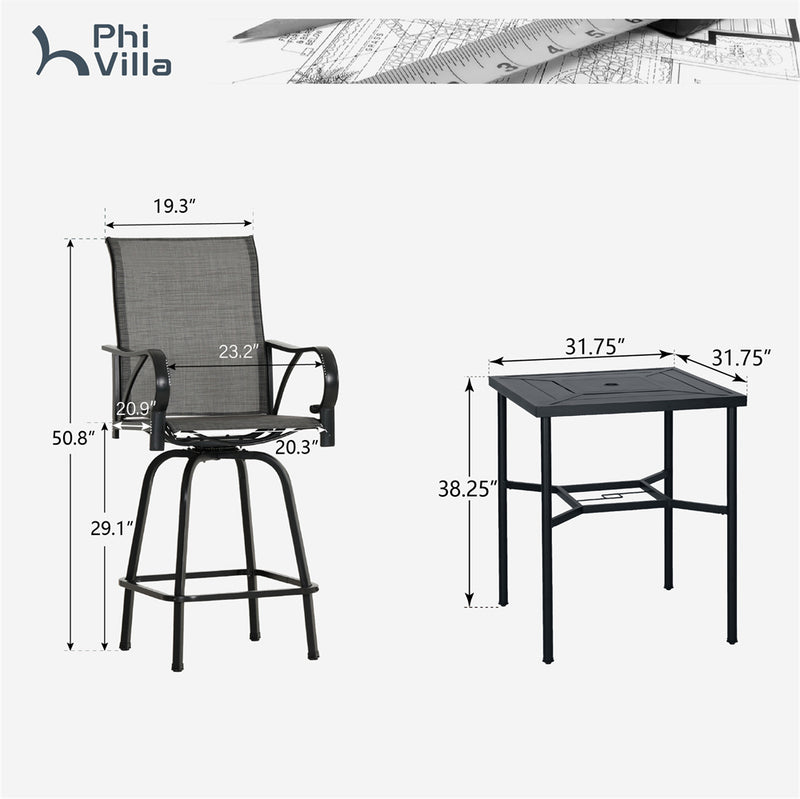 PHI VILLA 3/5 Piece Patio Bar Set of 1 Steel Coffee Table & Textilene Swivel Bar Stools