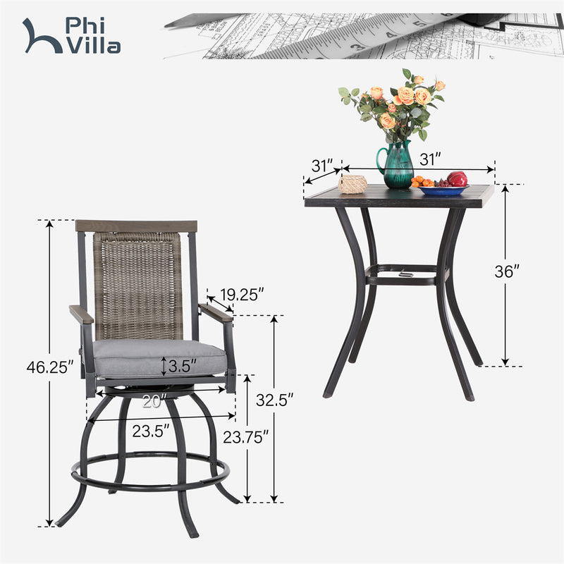 PHI VILLA 3-Piece Patio Bar Set With 2 Swivel Rattan Bar Stools &  1 Square Table