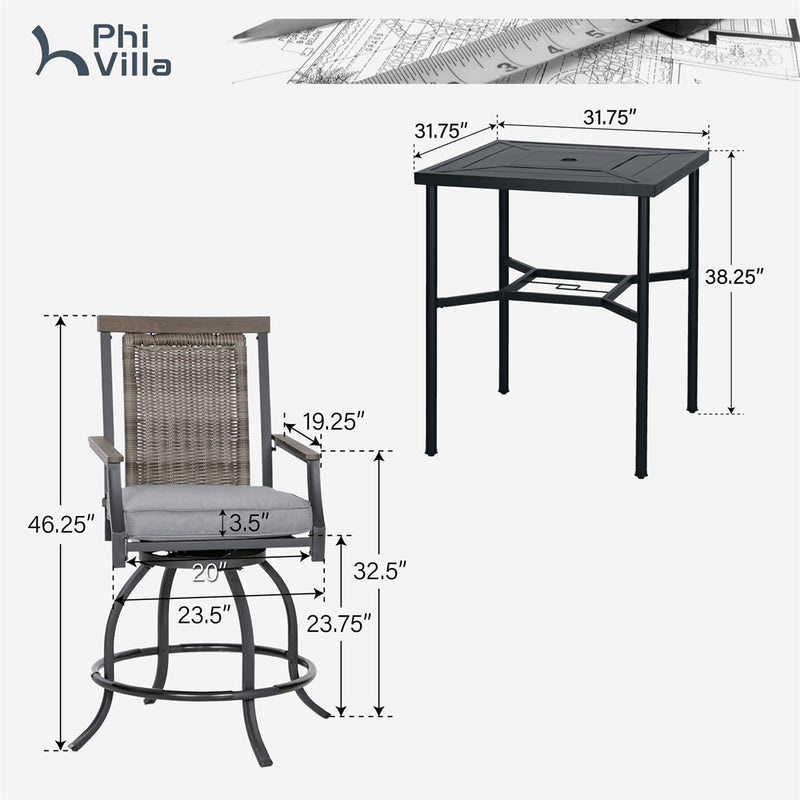 PHI VILLA 3-Piece Patio Bar Set With 2 Swivel Rattan Bar Stools &  1 Square Table