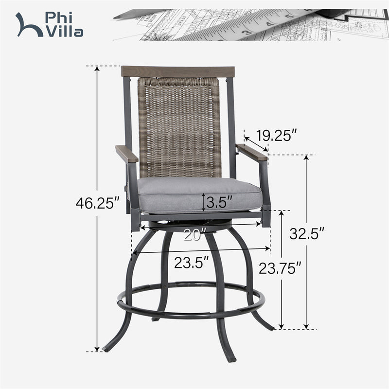 PHI VILLA Outdoor Swivel Bar Stools with Rattan Backrest