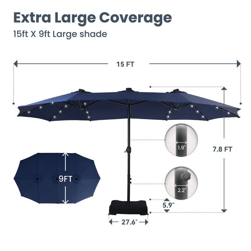 PHI VILLA 15ft Double-Sided Patio Extra Large Umbrella With LED Lights