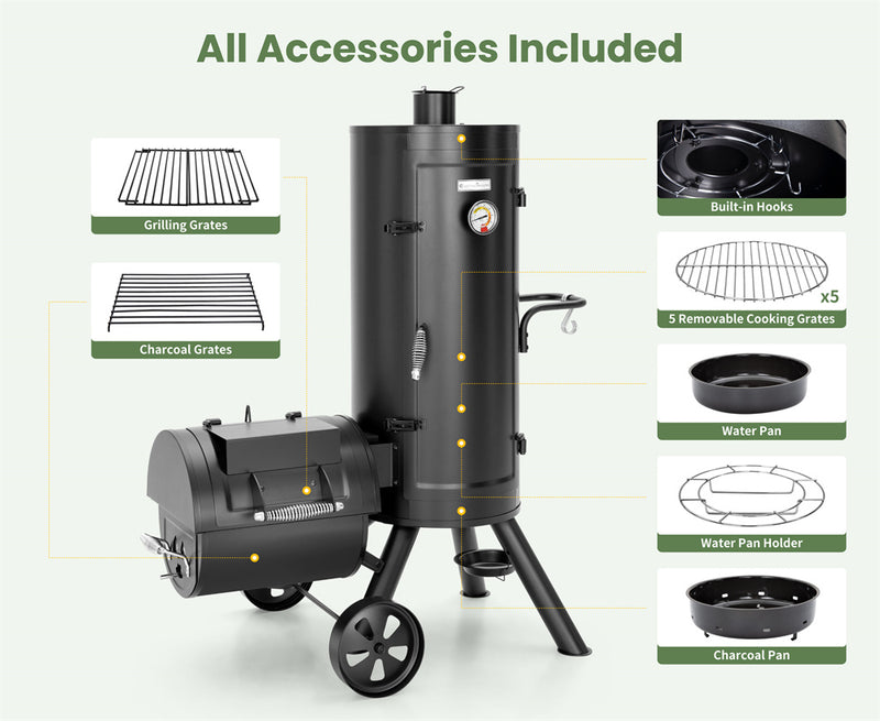 Vertical Charcoal Patio Smoker with Offset Smoke Box Domestic and Heave Duty-Captiva Designs