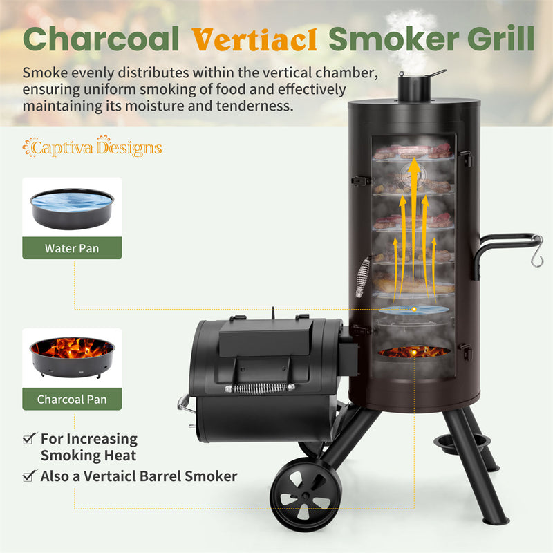 Vertical Charcoal Patio Smoker with Offset Smoke Box Domestic and Heave Duty-Captiva Designs