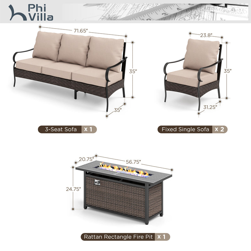 Phi Villa 5-Seater Outdoor Steel & Rattan Sofa Set With Rectangle Fire Pit Table