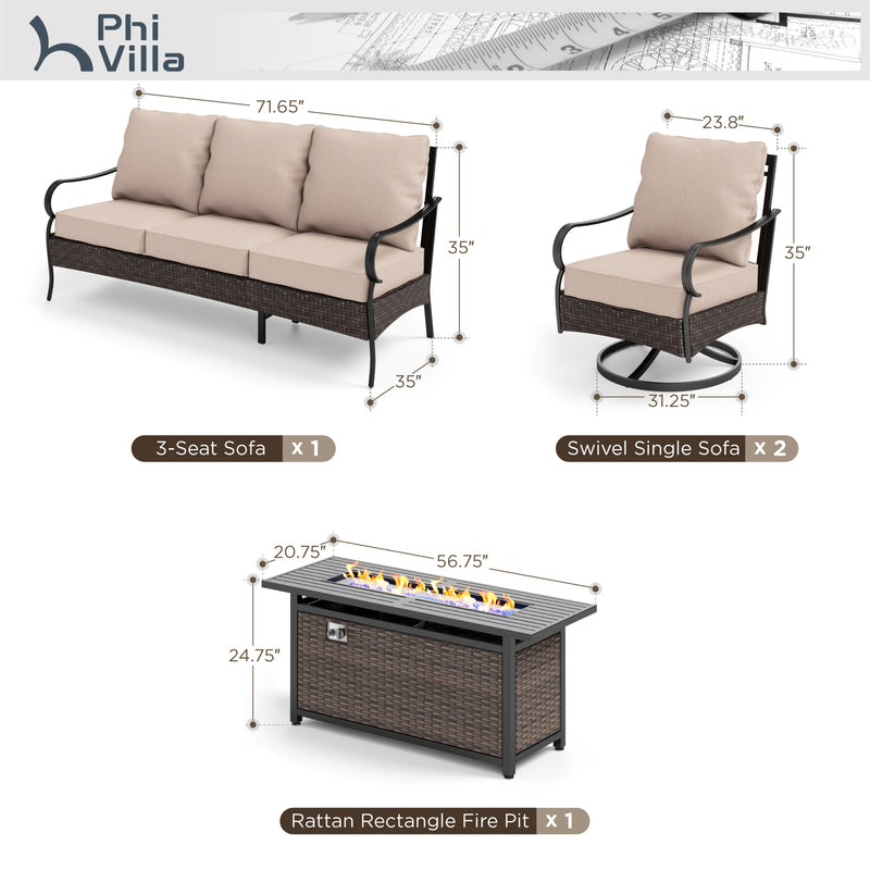 Phi Villa Outdoor Steel & Rattan Sofa Set With Rectangle Fire Pit Table