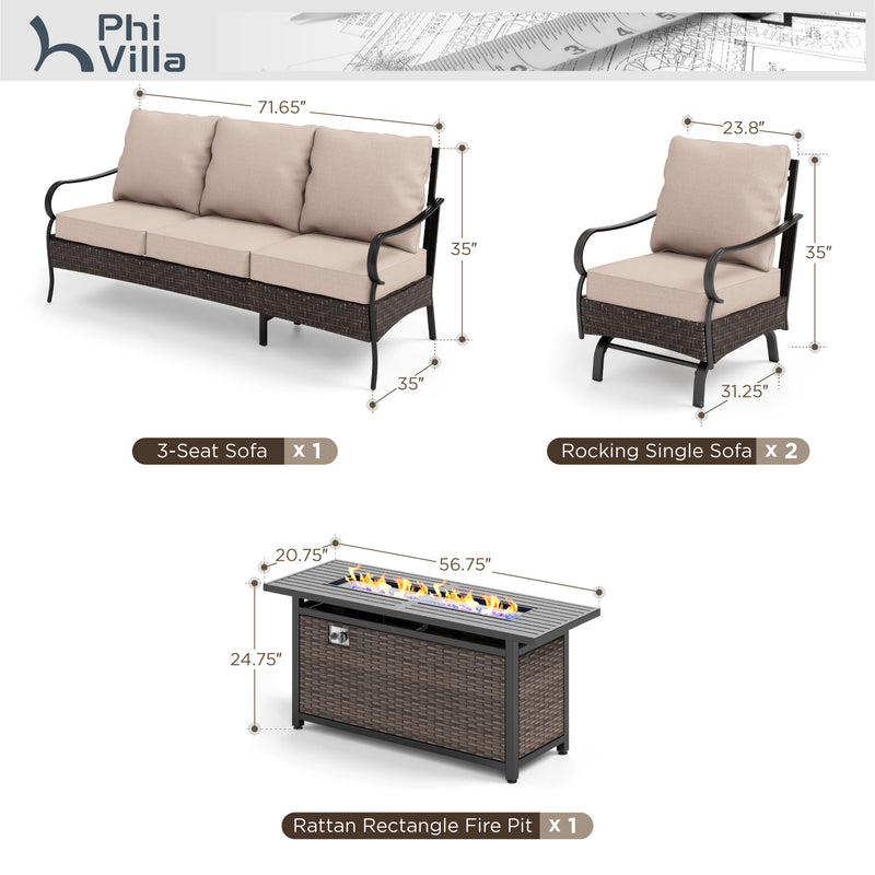 Phi Villa 5-Seater Outdoor Steel & Rattan Sofa Set With Rectangle Fire Pit Table