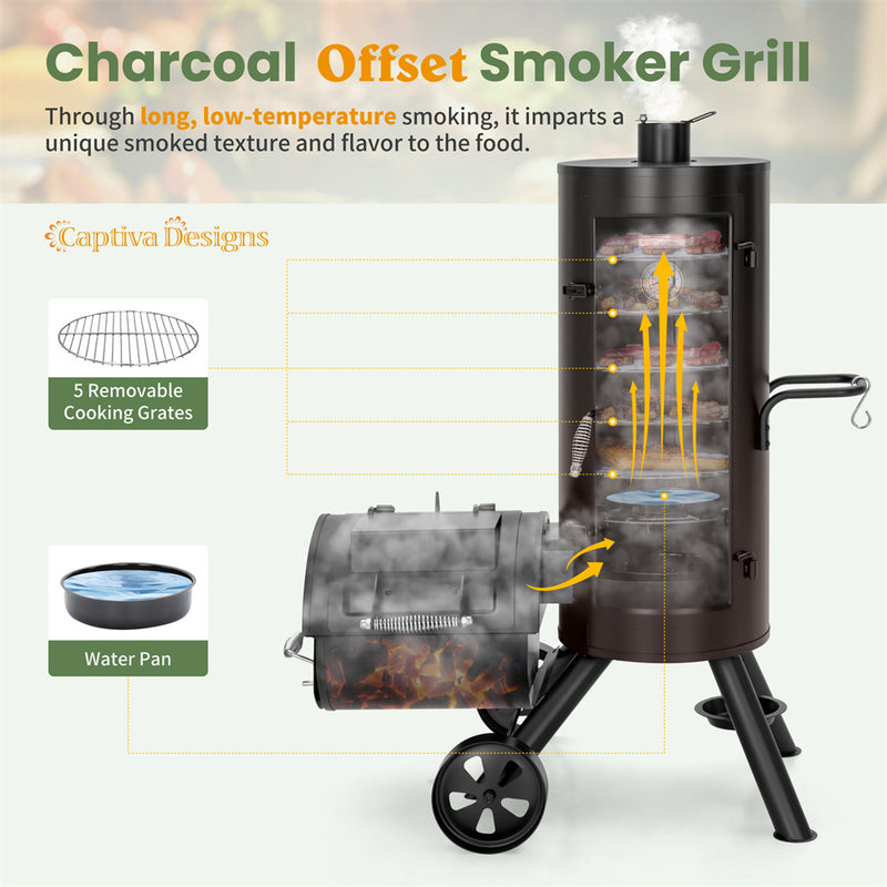 Captiva Designs Heavy-Duty Vertical Offset Charcoal Patio Smoker