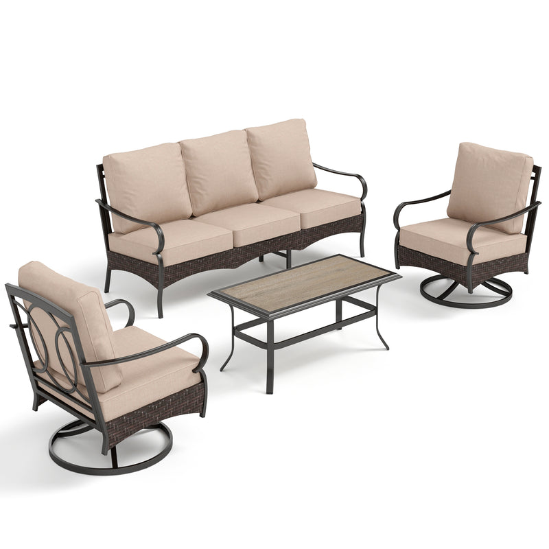 Phi Villa Outdoor Steel & Rattan Sofa Set With Rectangle Fire Pit Table