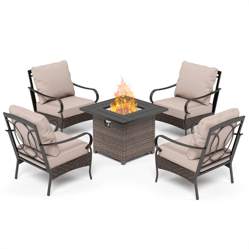 Phi Villa 4-Seater Outdoor Steel & Rattan Conversation Sofa Set With Square Fire Pit Table