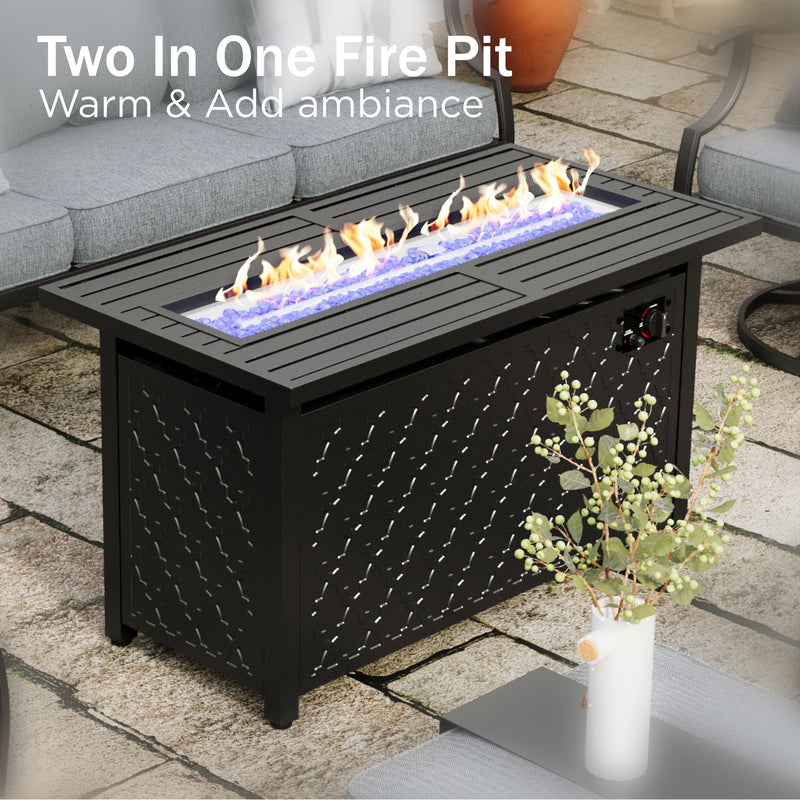 Phi Villa 7-Seater Patio Steel Conversation Sofa Set With Rectangle Fire Pit Table