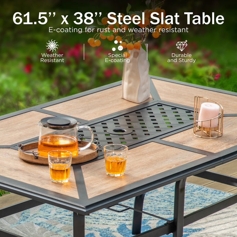 7-Piece Patio Dining Set Patch Wood-Grain Table and Stylish Steel Chairs