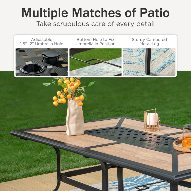 7-Piece Patio Dining Set Patch Wood-Grain Table and Stylish Steel Chairs