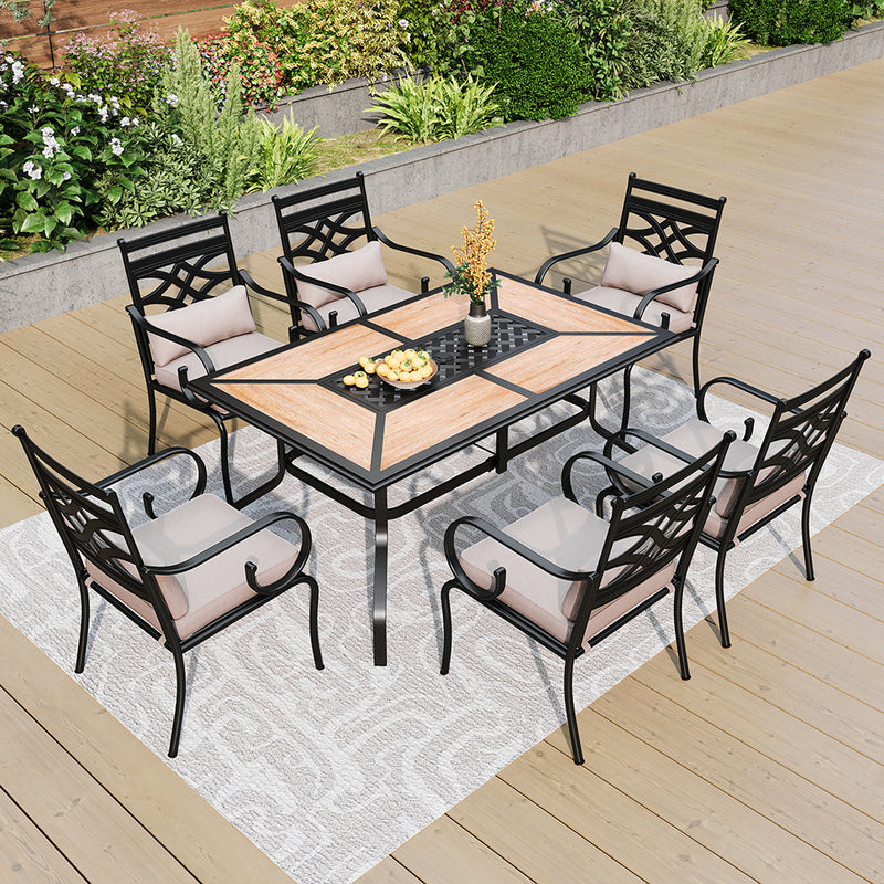 7-Piece Patio Dining Set Patch Wood-Grain Table and Stylish Steel Chairs