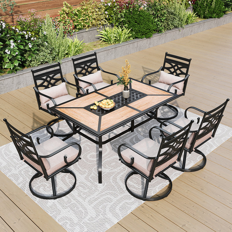 7-Piece Patio Dining Set Patch Wood-Grain Table and Stylish Steel Chairs