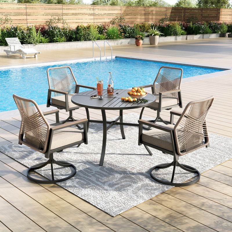 5/7-Piece Patio Dining Set with Patterned Round Table & Stylish Rattan Rope Chairs-Phi Villa