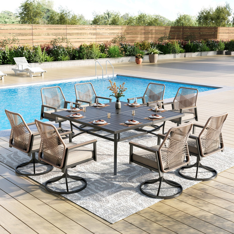 9-Piece Patio Dining Set with Stylish Rattan Rope Chairs and Square Table for 8-Phi Villa