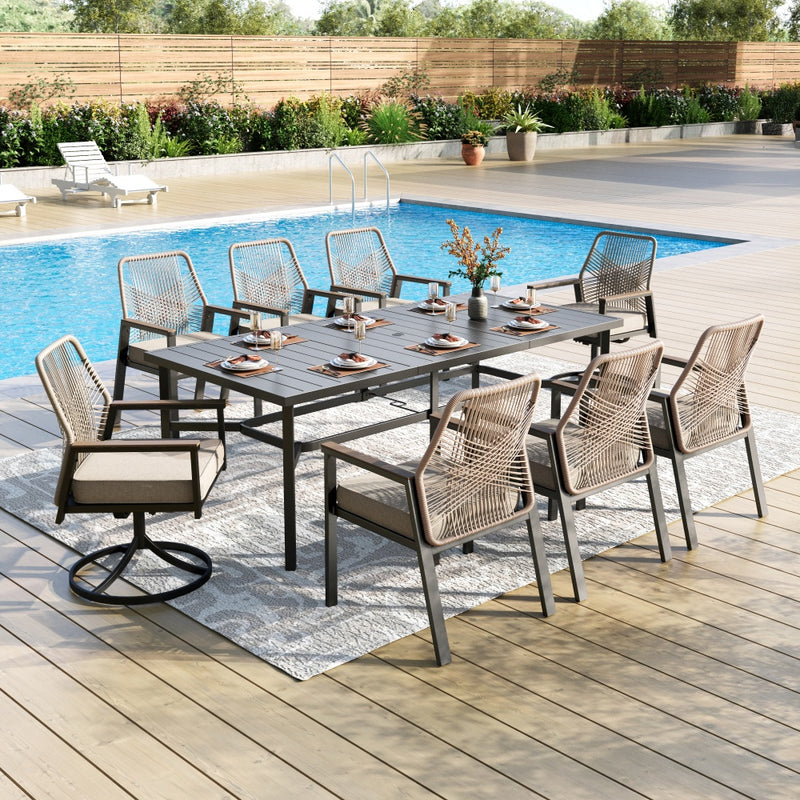 9-Piece Patio Dining Set with Stylish Rattan Rope Chairs and Long Table for 8-Phi Villa