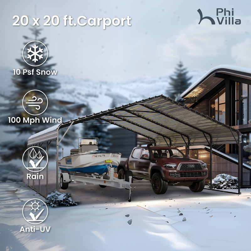 PHI VILLA 20x20ft 2 Car Metal Carports Deluxe Car Storage with Durable Steel Frame and Metal Proof