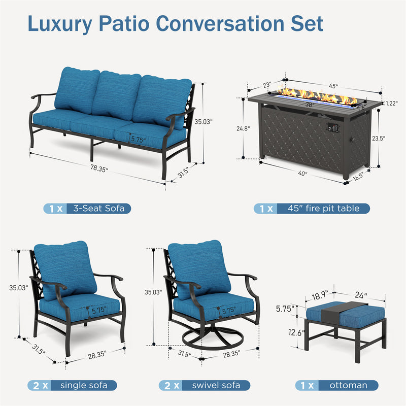 Phi Villa 7-Seater Patio Steel Conversation Sofa Set With Rectangle Fire Pit Table