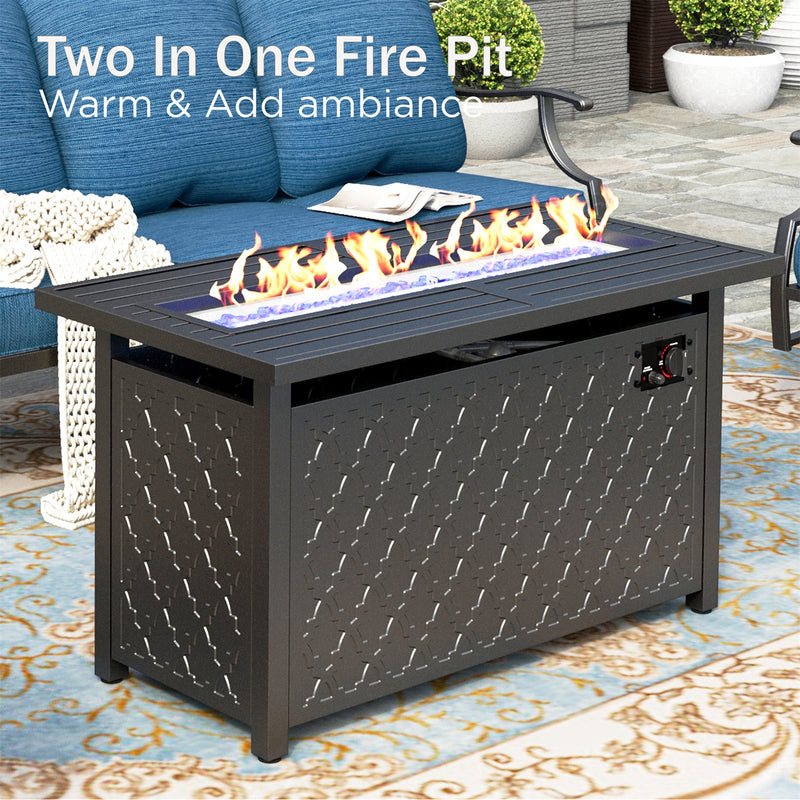 Phi Villa 5-Seater Outdoor Steel Conversation Sofa Set With Leather Grain Fire Pit Table