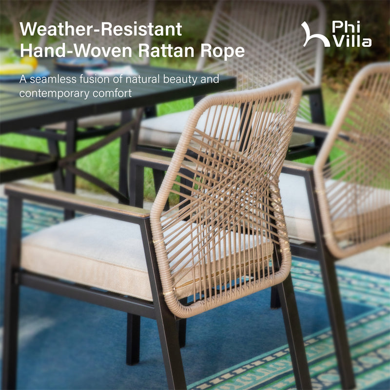 7-Piece Patio Dining Set with Stylish Rattan Rope Chairs-Phi Villa