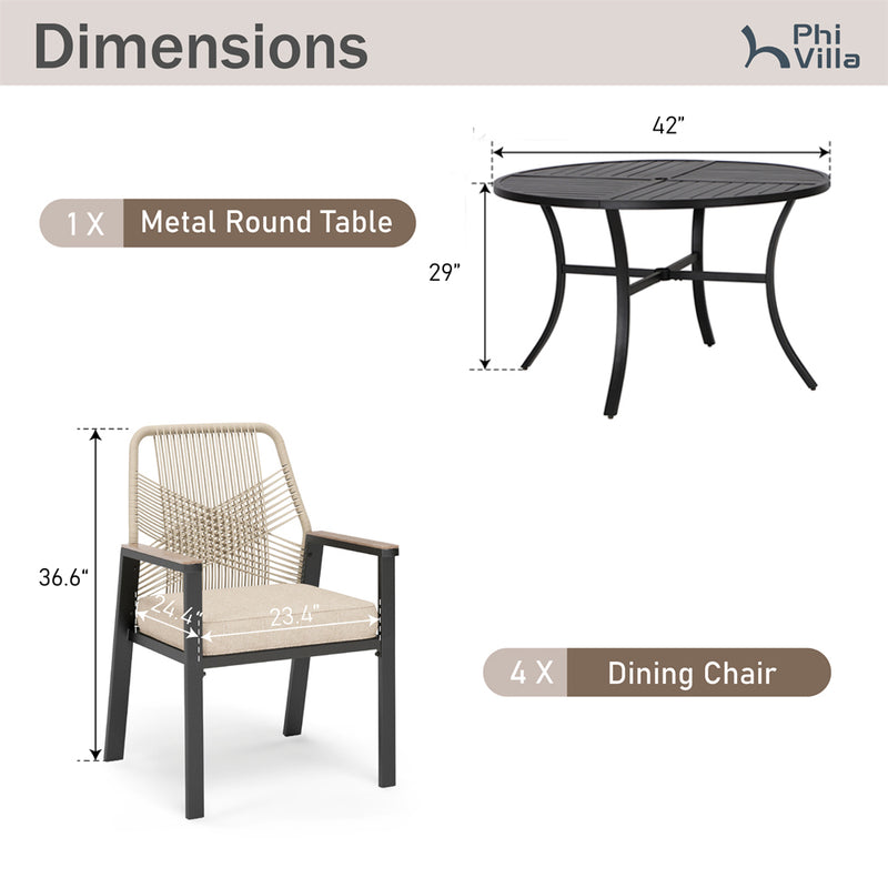 5/7-Piece Patio Dining Set with Patterned Round Table & Stylish Rattan Rope Chairs-Phi Villa