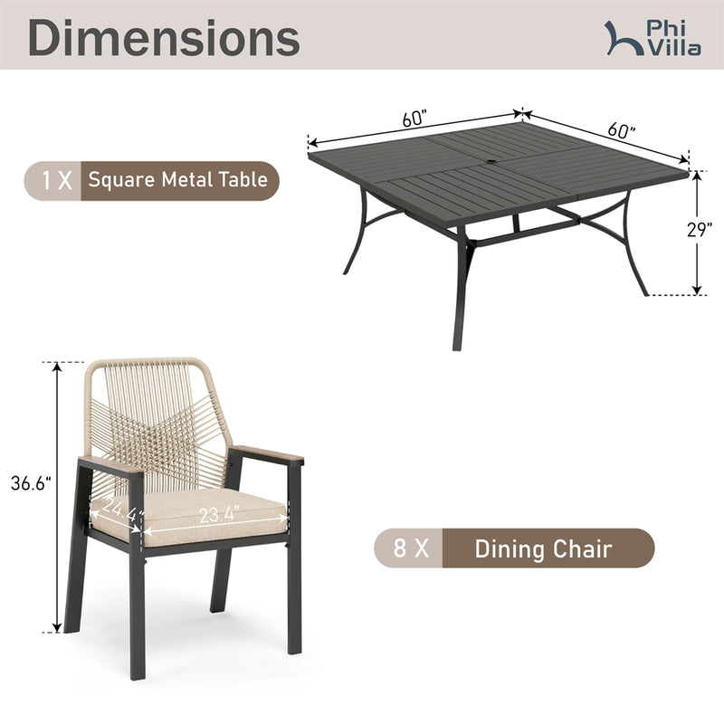 9-Piece Patio Dining Set with Stylish Rattan Rope Chairs and Square Table for 8-Phi Villa