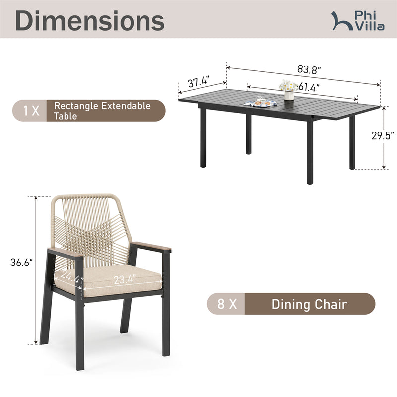 7/9-Piece Patio Dining Set with Stylish Rattan Rope Chairs and Expandable Table-Phi Villa