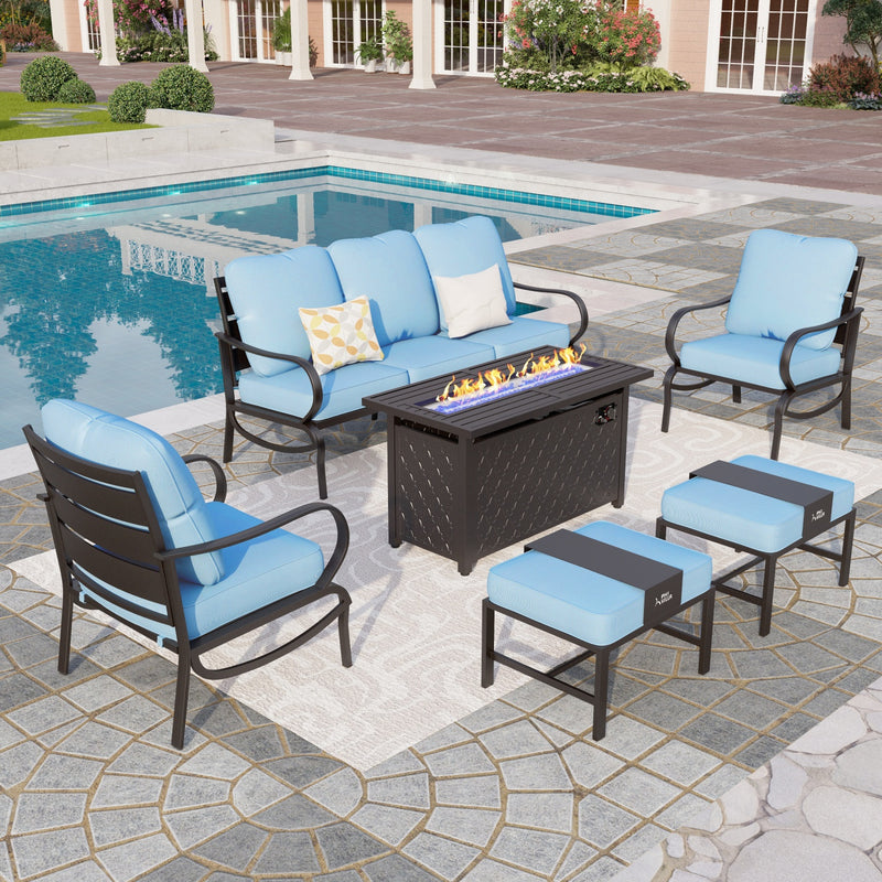 Phi Villa 7-Seater Patio Steel Conversation Sofa Sets With Leather Grain Fire Pit Table