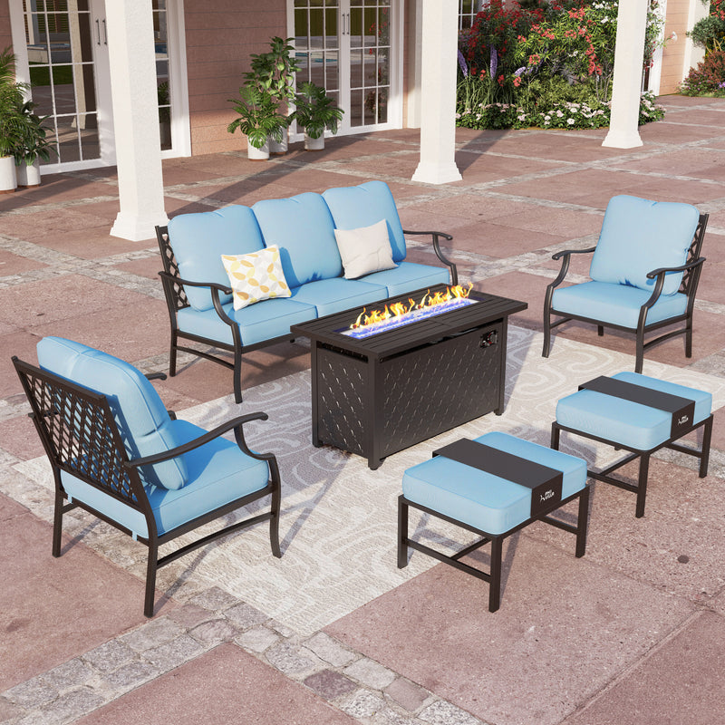 Phi Villa 7-Seater Patio Steel Conversation Sofa Set With Rectangle Fire Pit Table