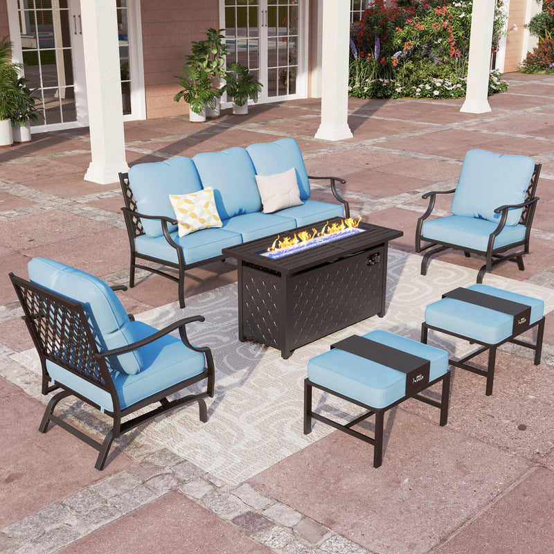 Phi Villa 7-Seater Patio Steel Conversation Sofa Set With Rectangle Fire Pit Table