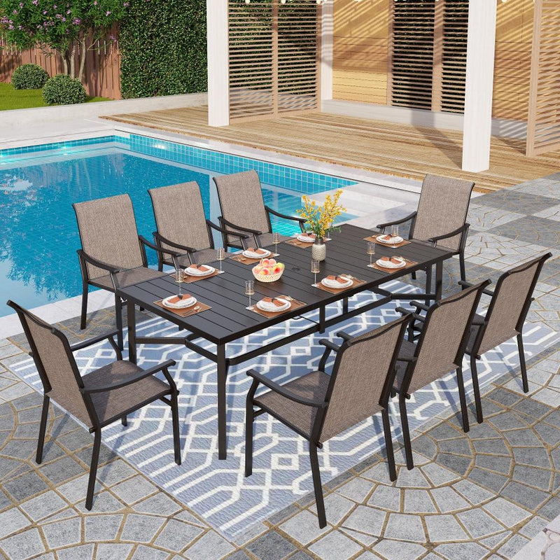 9-Piece Brown Textilene Fixed Chair Outdoor Dining Set-Phi Villa